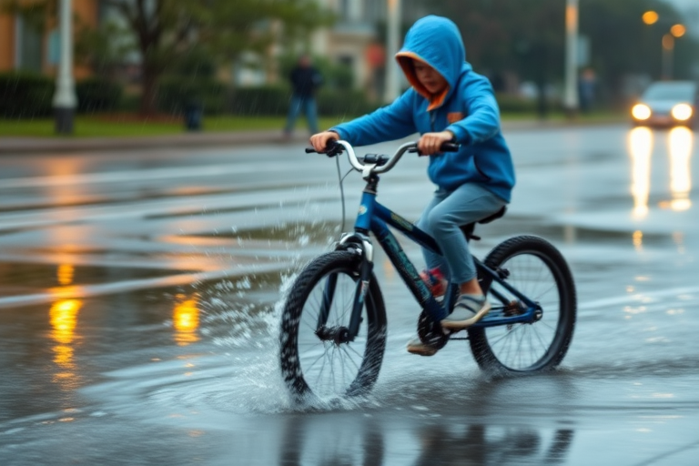 Blurry action shot of a child riding a bike through a puddle on a rainy day, water splashing up in all directions, with soft light from nearby street lamps reflecting off the wet pavement.