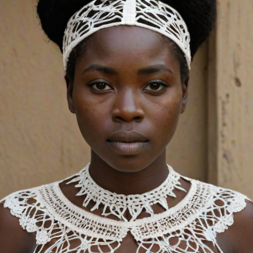 Face, shoulders, chest covered in openwork Yoruba embroidery. Raw, unedited image.