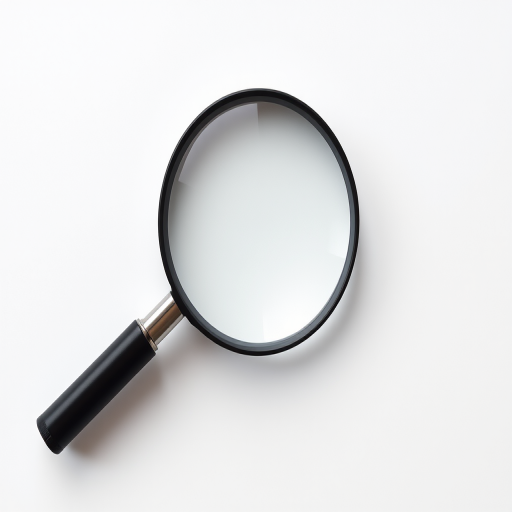 Create a high-resolution magnifying glass icon on a white background, using a Canon EOS 5D Mark IV with a 50mm f/1.8 lens, aperture set to f/2.8, ISO 100, and a slight vignette for depth, shot from a top-down view for clarity and focus.