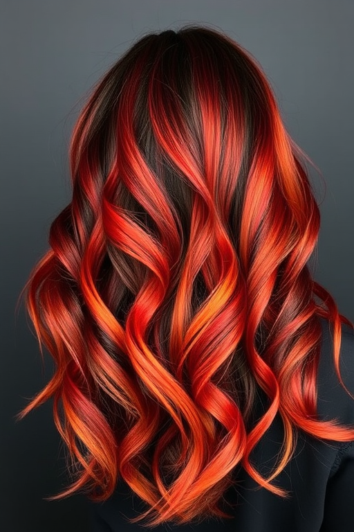 Dramatic Volcanic Ombre Waves boasting a striking transition from deep charcoal black roots to fiery red and orange tips styled in loose tousled waves reminiscent of flowing lava