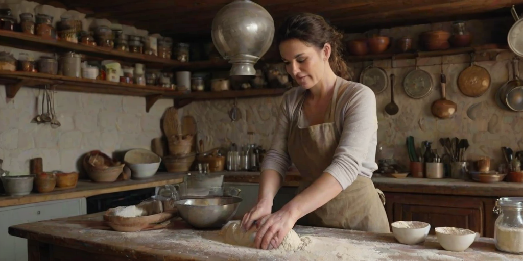 Woman in a rustic kitchen kneading dough, flour covering the wooden table, with jars of spices and herbs hanging from the ceiling.