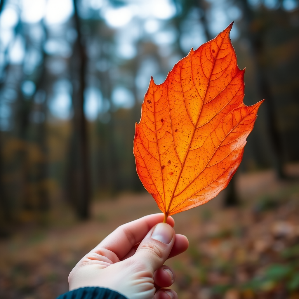 Capture a close-up of an orange autumn leaf held in a person's hand against a blurred forest background, using a DSLR camera with a 50mm lens, aperture set to f/2.8, ISO 200, and a shutter speed of 1/200s to achieve a vibrant and sharp image with a bokeh effect.