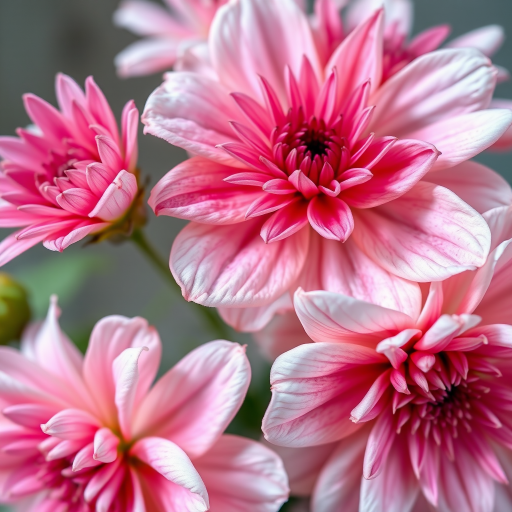 Create a high-resolution image of pink and white flowers with detailed petals and textures, using a macro lens at f/2.8, 1/250s shutter speed, ISO 100, taken from a slightly elevated angle with natural soft lighting in a studio setting.