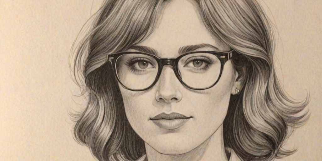 Charming Ashley Williams, pencil sketch, portrait of Delightful woman 1974s in glasses, hair style beatnik, outline, clear lines, fine lines, 8k