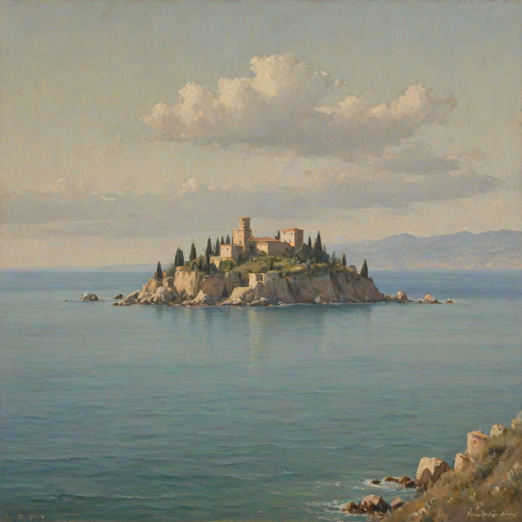 (italian seascape,sea),distant small mediaval italian castle,soft colours,