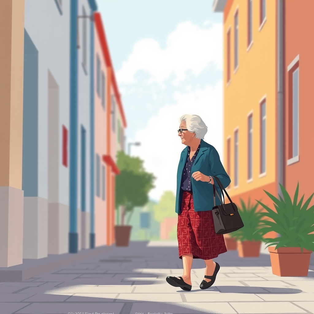 Create a vibrant illustration of an elderly woman walking with a handbag, using a Canon EOS R5 camera with a 50mm lens, aperture set to f/2.8, ISO 100, in portrait view, with soft natural lighting for enhanced image quality.