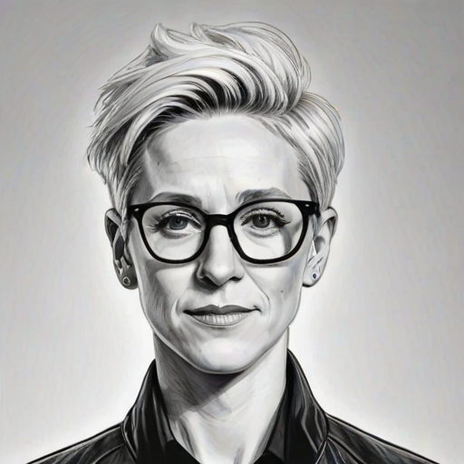 Resplendent Megan Rapinoe, pencil sketch, portrait of Dazzling woman 1963s in glasses, hair style beatnik, outline, clear lines, fine lines, 8k