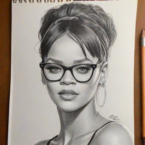 Ravishing Rihanna, pencil sketch, portrait of Alluring woman 1963s in glasses, hair style beatnik, outline, clear lines, fine lines, 8k