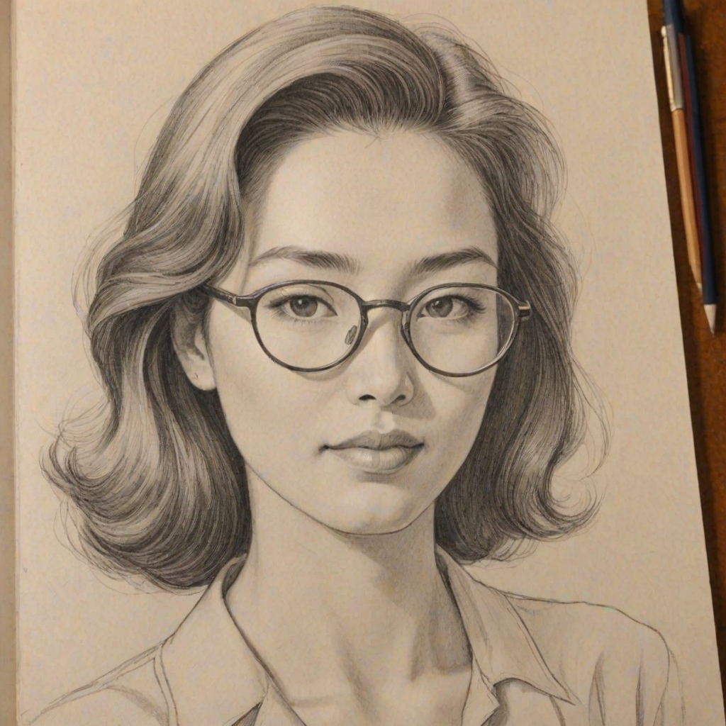 Beauteous Eleanore Matsuura, pencil sketch, portrait of Captivating woman 1944s in glasses, hair style beatnik, outline, clear lines, fine lines, 8k