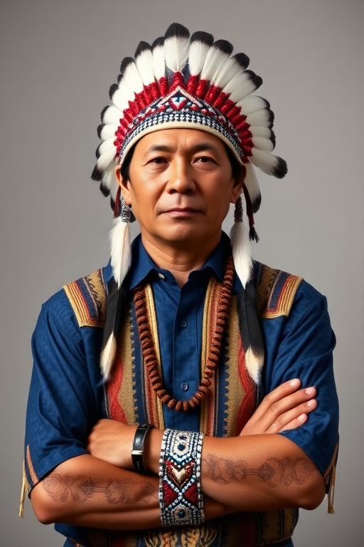Create a dignified portrait of a Native American man dressed in traditional attire. He wears a beautifully crafted headdress adorned with white feathers and red beads, along with a beaded headband featuring intricate patterns. His clothing includes a deep blue, patterned shirt and a traditional chest piece with detailed beadwork. His arms are crossed, displaying leather armbands decorated with feathers. The background is simple and neutral, emphasizing his proud and stoic expression. The overall image captures the rich cultural heritage and strength of his persona.