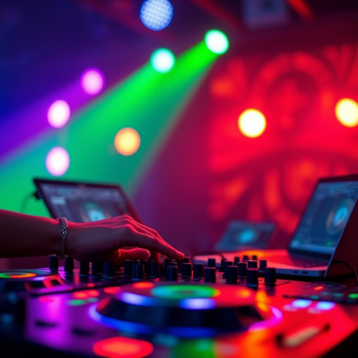 create an image of a DJ setup with colorful lights and a laptop, captured with a Canon EOS R, 50mm lens, aperture f/1.8, shutter speed 1/60s, ISO 800, focus on the DJ's hand using the equipment, soft bokeh background to enhance depth and vibrancy.