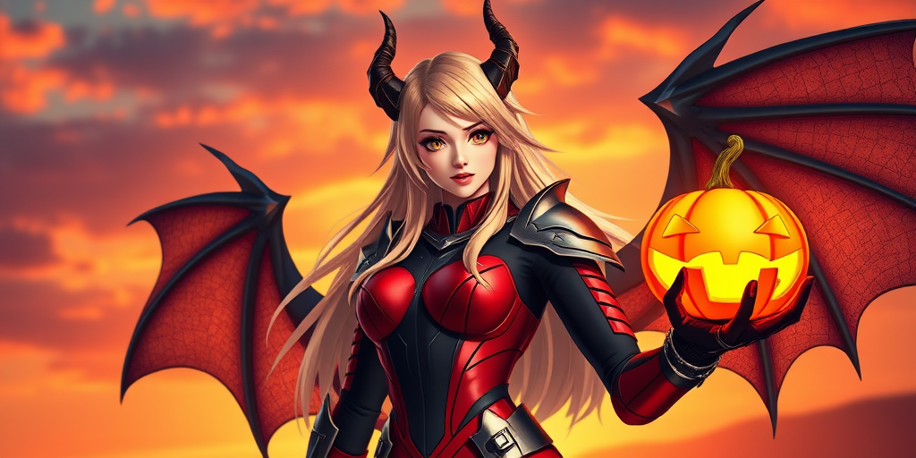 Create an image of a female character with long blonde hair, wearing a sleek red and black armored suit, holding a glowing pumpkin in one hand, with dragon-like wings and horns, against a vibrant sunset background, shot with a DSLR camera at f/2.8, ISO 200, 50mm lens, using a dynamic angle perspective to enhance depth and detail.