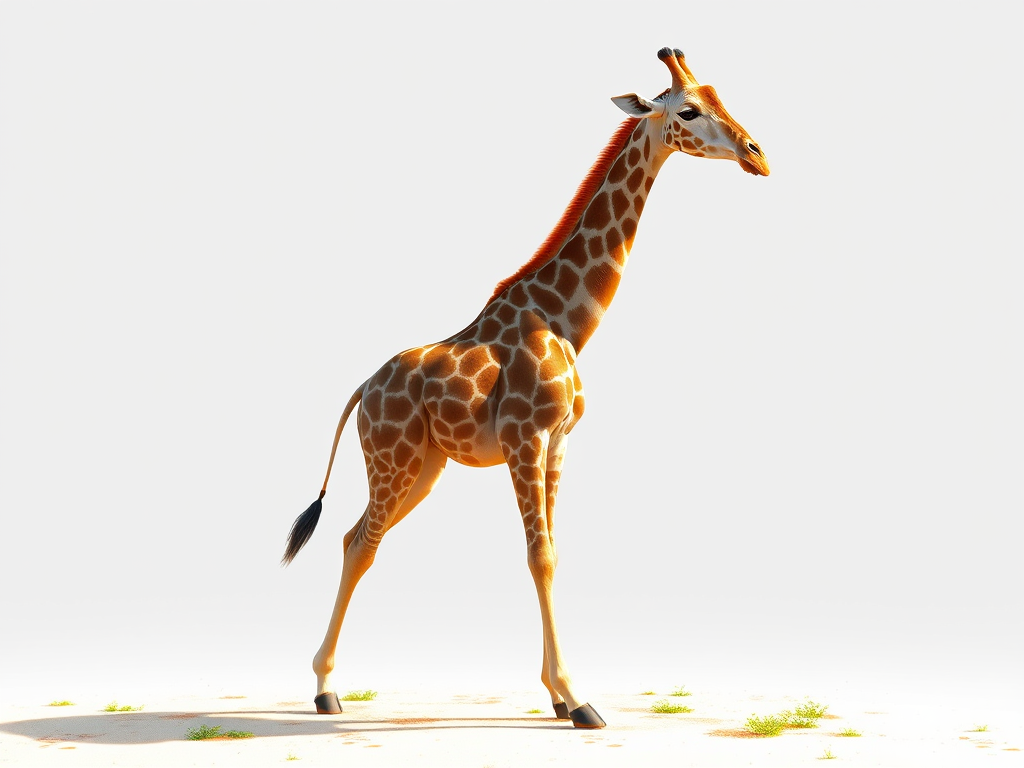 Create a digitally-rendered illustration of a giraffe walking, use a high-resolution setting of 300 DPI, a full body view with vibrant colors, soft lighting, and a transparent background, captured in a virtual environment using a 35mm lens simulation.