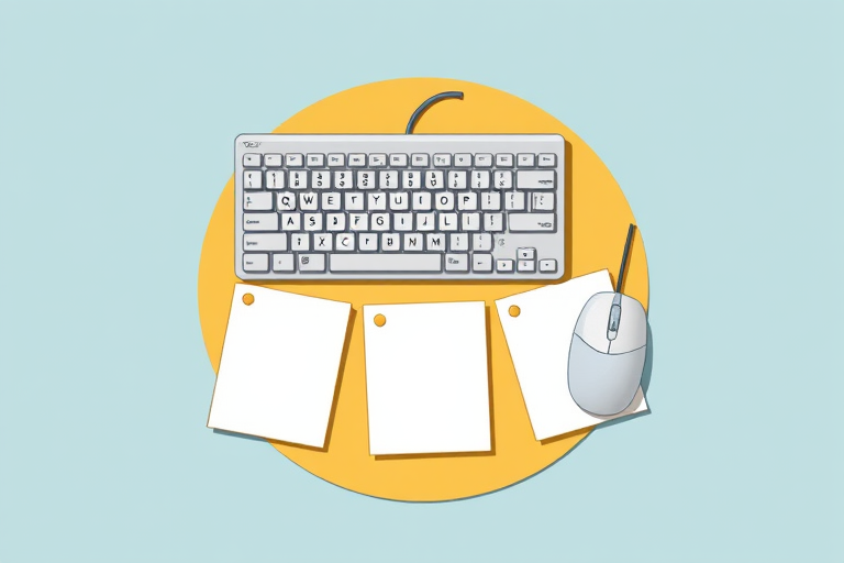 Create a digital illustration of a keyboard and a computer mouse surrounded by three blank notepads on a circular background, using a top-down view, with a resolution of 300 dpi, and a color saturation adjustment to enhance image quality.
