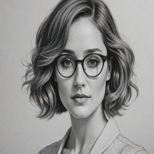 Charming Rose Byrne, pencil sketch, portrait of Gorgeous woman 1932s in glasses, hair style beatnik, outline, clear lines, fine lines, 8k