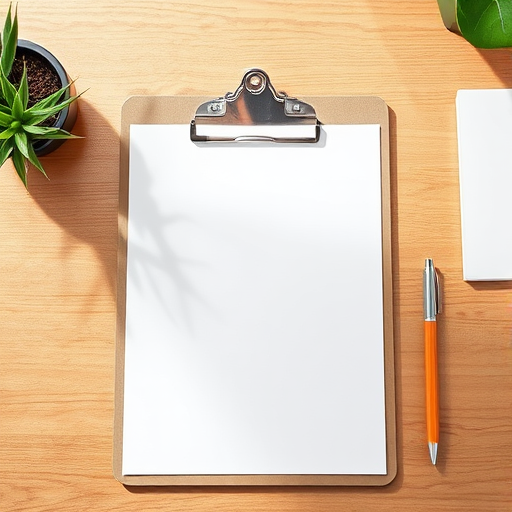 Create a high-resolution image of a blank clipboard with a shiny silver clip placed on a wooden desk under natural lighting, using a DSLR camera with a 50mm lens, aperture set to f/4, ISO 200, and a slight overhead angle for depth.