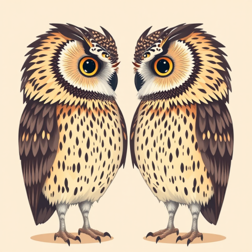 Create a detailed illustration of two stylized owls facing each other, emphasizing intricate feather patterns and large expressive eyes, using a flat design style with a soft pastel background, shot with a Canon EOS R5 at f/8, ISO 100, 50mm lens, front view, to enhance color vibrancy and detail.