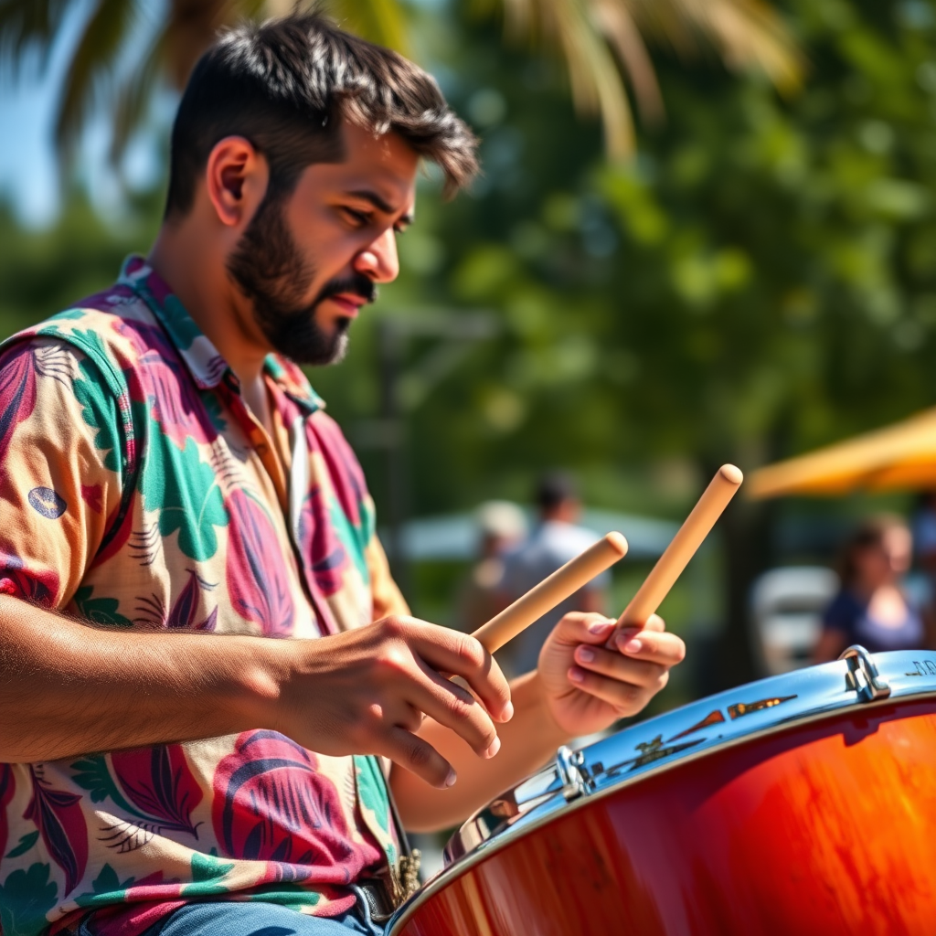 male percussionist playing congas outdoors on a sunny day, vibrant colors, close-up shot, Canon EOS R5, 50mm lens, f/1.8, ISO 200, 1/200s, natural light, shallow depth of field, clear background