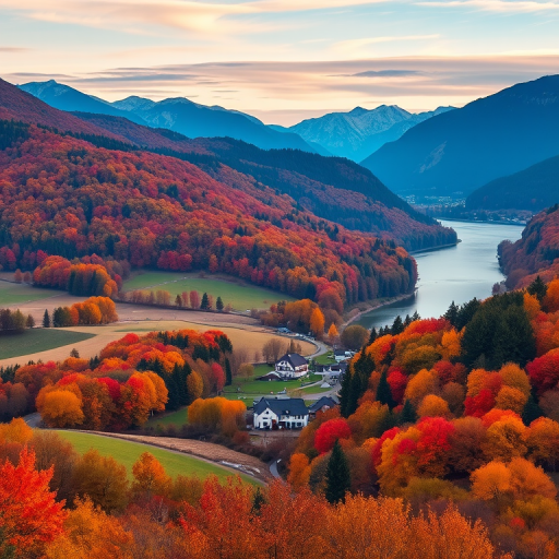 vibrant autumn landscape with rolling hills, colorful trees, small village with houses by a river, mountains in the background, shot with a DSLR camera at f/8 aperture, 50mm lens, ISO 100, soft natural lighting, wide-angle view, high resolution