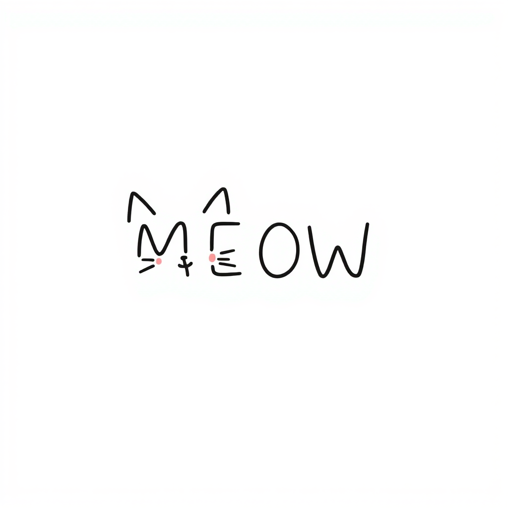 Create an image with a minimalist and cute design featuring the word "MEOW." Use simple black lines on a white background. The letter "M" should resemble a cat's face with ears and whiskers, and the letter "W" should also resemble an upside-down cat face. Add small blush marks on the cheeks of the cat faces for a charming touch.