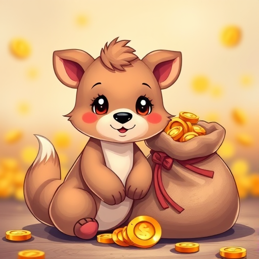 Illustrate a cute, cartoon-style animal sitting beside a bag filled with golden coins, vivid colors, with a focus on smooth textures and playful expressions, using a DSLR camera with a 50mm lens at f/2.8, ISO 100, and a shallow depth of field to enhance the details.