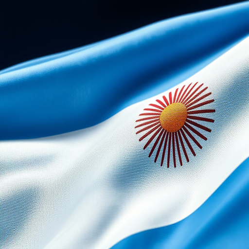 Create a high-resolution image of the Argentine flag waving gently, capturing rich textures and vibrant colors, with a macro lens setting at f/2.8, ISO 100, shutter speed 1/250s, shot from a low angle to emphasize the fabric details, using a DSLR camera for enhanced clarity.