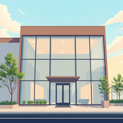 Create a modern office building illustration with large glass windows, a minimalist design, and an inviting entrance, using a 50mm lens, f/8 aperture, ISO 100, shot from a low-angle perspective, using a digital DSLR camera.