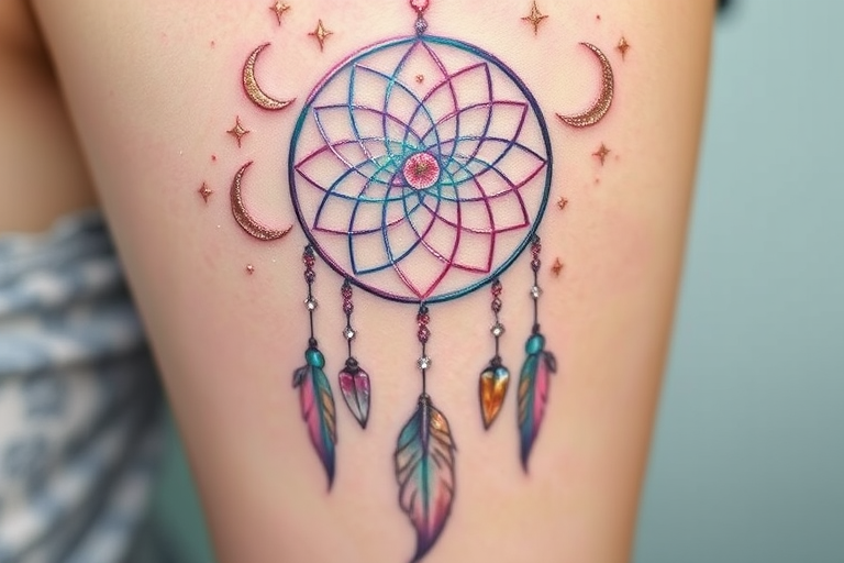 Ethereal "Celestial Dreamcatcher" tattoo features a gossamer-thin web of iridescent lines, adorned with shimmering stars and crescent moons. Soft pastel hues of lavender, mint, and rose gold create a dreamy atmosphere, while subtle white ink highlights add a touch of magic. Dangling feathers and crystals complete this ethereal design, perfect for those seeking a whimsical and enchanting tattoo.
