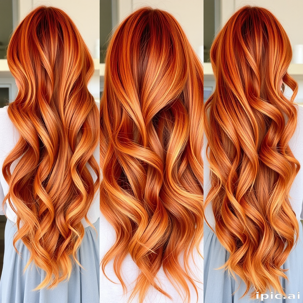 Vibrant copper locks cascading in beachy waves, known as "Sunset Siren," feature sun-kissed highlights and a tousled texture that exudes effortless beauty and carefree elegance