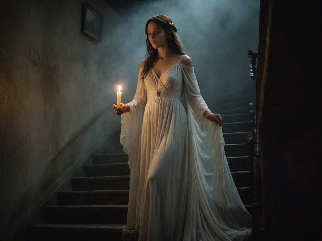 a ghostly figure of a woman in a long white dress holding a candle, softly glowing in a dimly lit staircase, with a mysterious and ethereal atmosphere