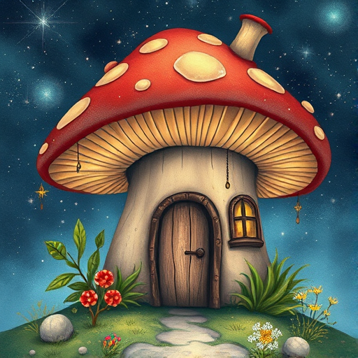 this picture is illustration of a mushroom house with a door and a window, a storybook , fantasy art, mushroom house, bg starry sky, sparkles