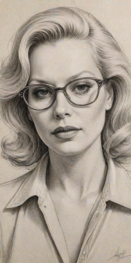 Captivating Cathy Moriarty, pencil sketch, portrait of Sublime woman 1979s in glasses, hair style beatnik, outline, clear lines, fine lines, 8k