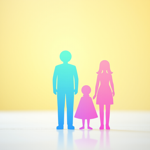Generate a high-resolution vector-style image of four stylized human figures representing a family, with a gradient color scheme from green to blue to pink, capturing a full-body view with a soft focus background, using a digital camera with a 50mm lens, f/2.8 aperture, ISO 100, and natural lighting.