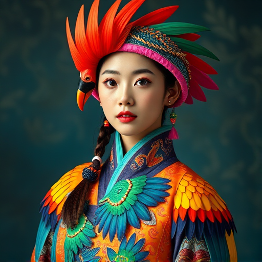 A beautiful Korean girl, wearing colorful bird clothing with vibrant colors