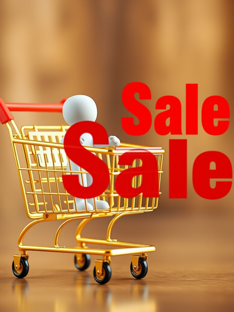 Generate an image of a gold shopping cart with a small white figure standing inside it, large bold text saying "Sale" in bright red in front, captured with a DSLR camera at f/2.8, ISO 100, 1/250s, using a shallow depth of field and a slight tilt-up angle.