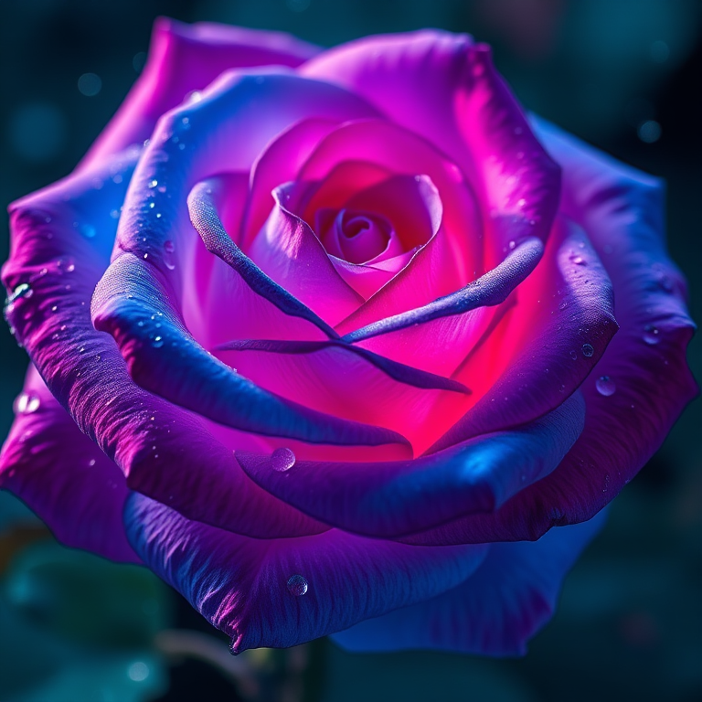 Create a high-resolution image of a cosmic rose with vibrant blue and pink hues, petals radiating starlight and surrounded by floating droplets, captured with a Canon EOS R5 at f/1.8, ISO 100, 50mm lens, using a macro style and a dramatic backlighting effect.