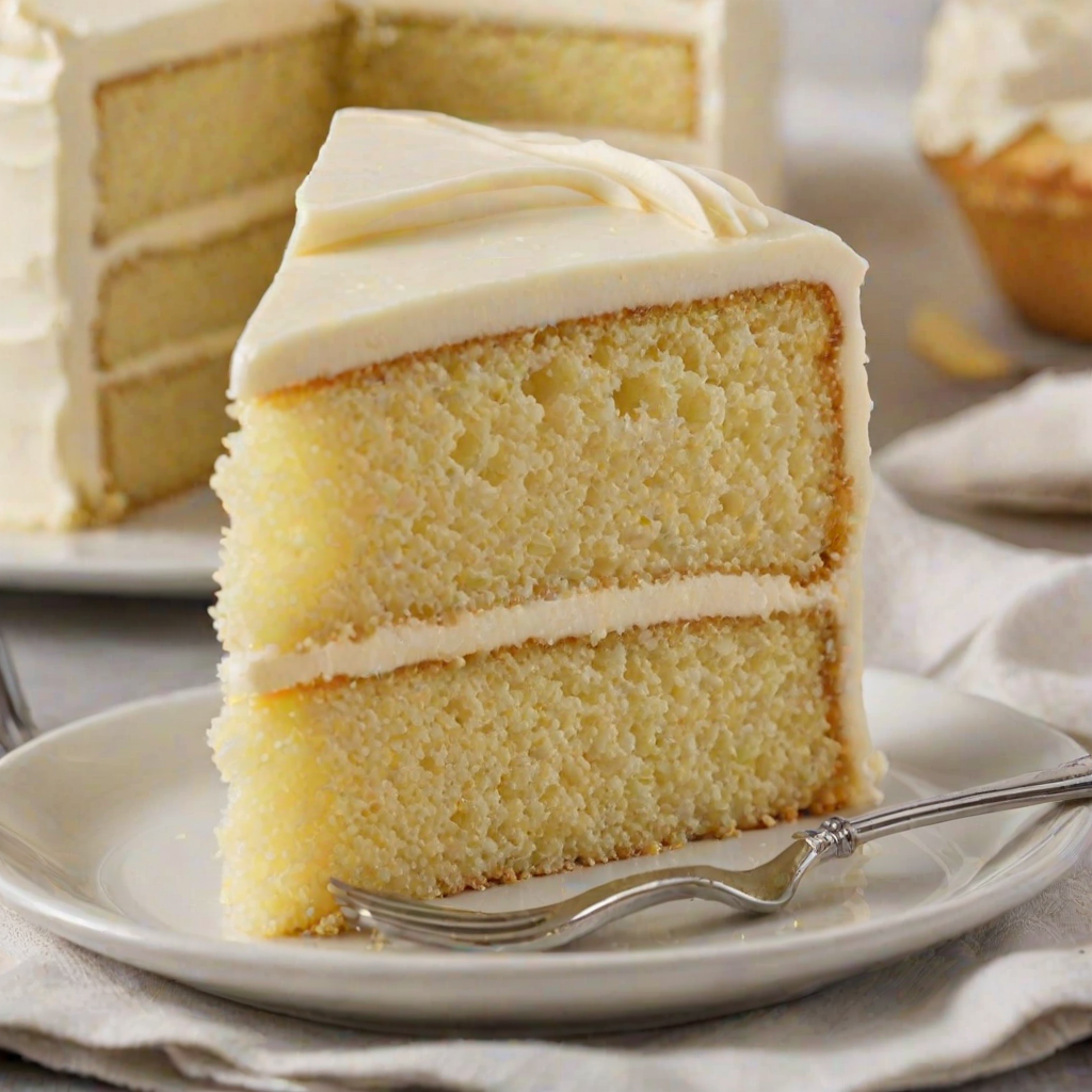 Generate an image of a moist yellow cake with a light creamy frosting on top. The slice should show a fluffy texture and small black specks within the cake, indicating the use of vanilla bean. The background should be softly blurred to focus on the cake slice.
