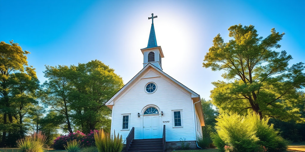 Create a high-resolution image of a white wooden church with a tall steeple and a cross, surrounded by lush green trees and vibrant vegetation, sunny blue sky in the background, taken with a DSLR camera, 50mm lens, aperture f/8, ISO 100, natural lighting, eye-level view.