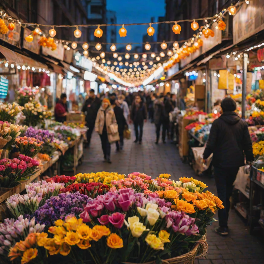 Blurry candid photo of a street vendor selling colorful flowers in a bustling city market, soft glow from overhead string lights illuminating the vibrant petals, with distant pedestrians walking by.