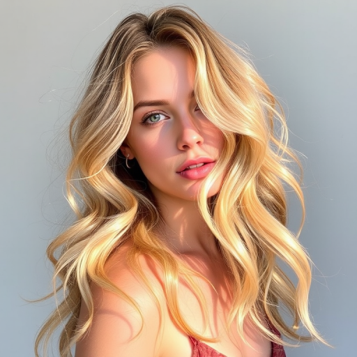 Effortless beachy waves in sun-kissed golden blonde, featuring natural-looking roots and face-framing highlights, perfect for a carefree summer style