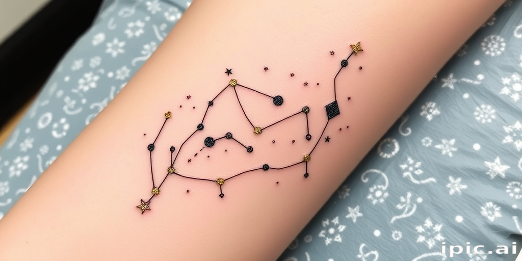 Minimalist line art tattoo named "Celestial Whisper" featuring delicate, continuous lines forming constellations and cosmic elements, with subtle pops of metallic gold ink for added ethereal charm