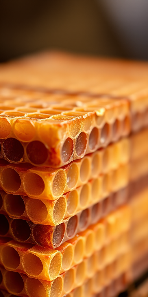 Close-up shot of stacked honeycombs with a shallow depth of field, natural lighting, f/2.8 aperture, 1/200 sec shutter speed, ISO 100, 50mm lens, DSLR camera.