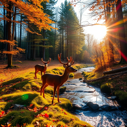 Create a vibrant autumn forest scene with two deer by a reflective stream, backlit by a bright sun, using a DSLR camera with a 50mm lens, f/2.8 aperture, ISO 100, and a low-angle shot to enhance depth and detail.