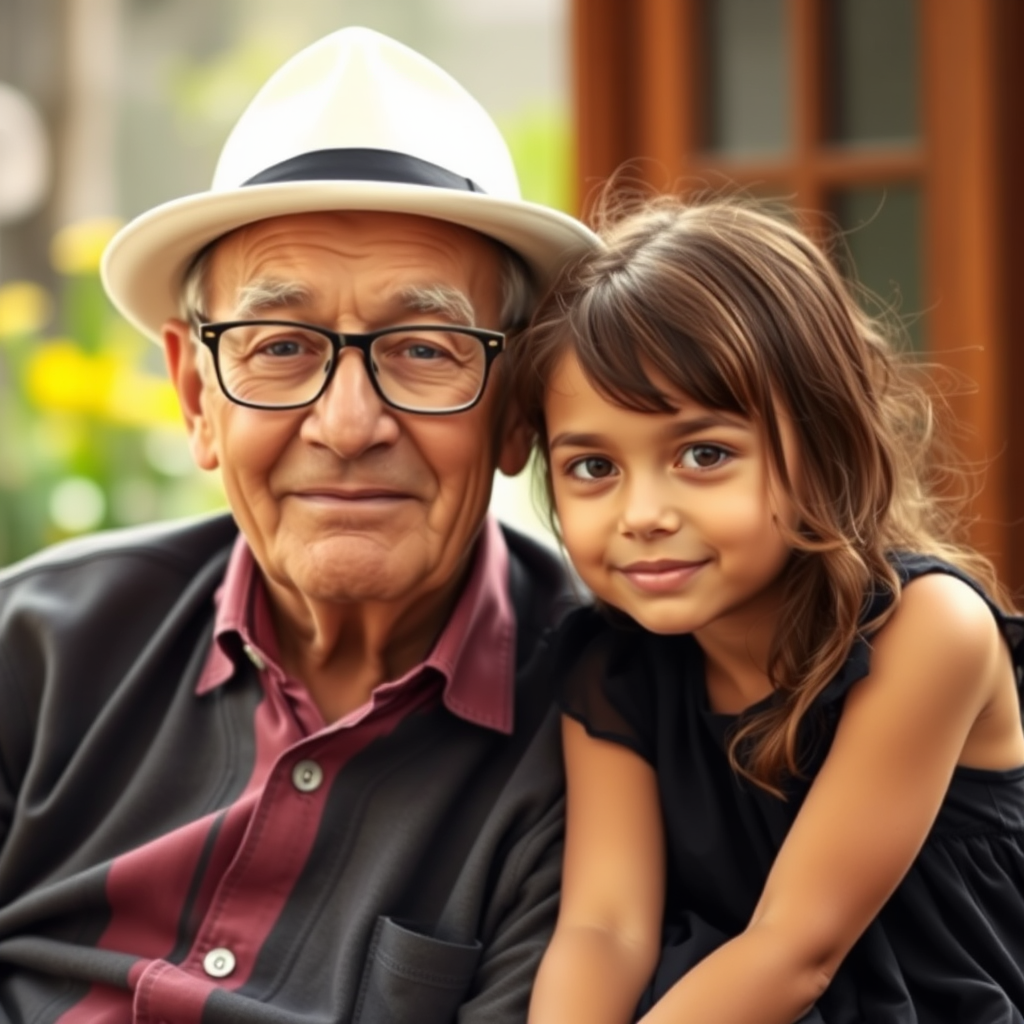A warm portrait of an elderly man with glasses and a white hat sitting beside a young girl in a black dress, captured in natural light with a shallow depth of field, using a 50mm lens at f/1.8, ISO 200, and a shutter speed of 1/200s, with a soft focus background for a serene atmosphere.