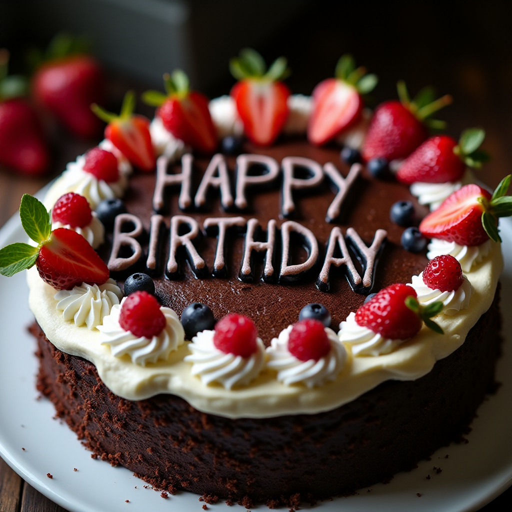 black forest gateau cake, spelling out the words "HAPPY BDAY", tasty, food photography, dynamic shot