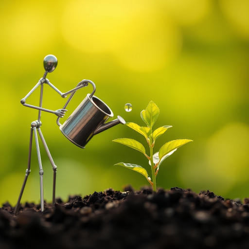 A metal figurine of a person, constructed from thin, silver rods, stands on the left side of the image, facing the viewer. The figurine is holding a small watering can and pouring water onto a young plant, with a few droplets in the air. The plant, with lush green leaves, is situated in the center, growing from dark soil. The background is a soft, out-of-focus blur of green, illuminated by warm, natural light.  The composition creates a sense of depth and intimacy. The image evokes feelings of growth, nurture, and hope.