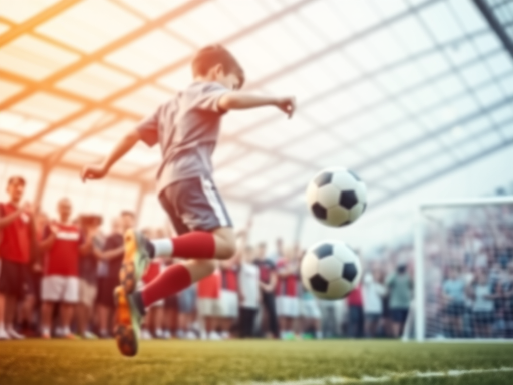 Blurry action shot of a young soccer player kicking a ball towards the goal, the ball captured in mid-flight, soft focus on the cheering crowd in the background.