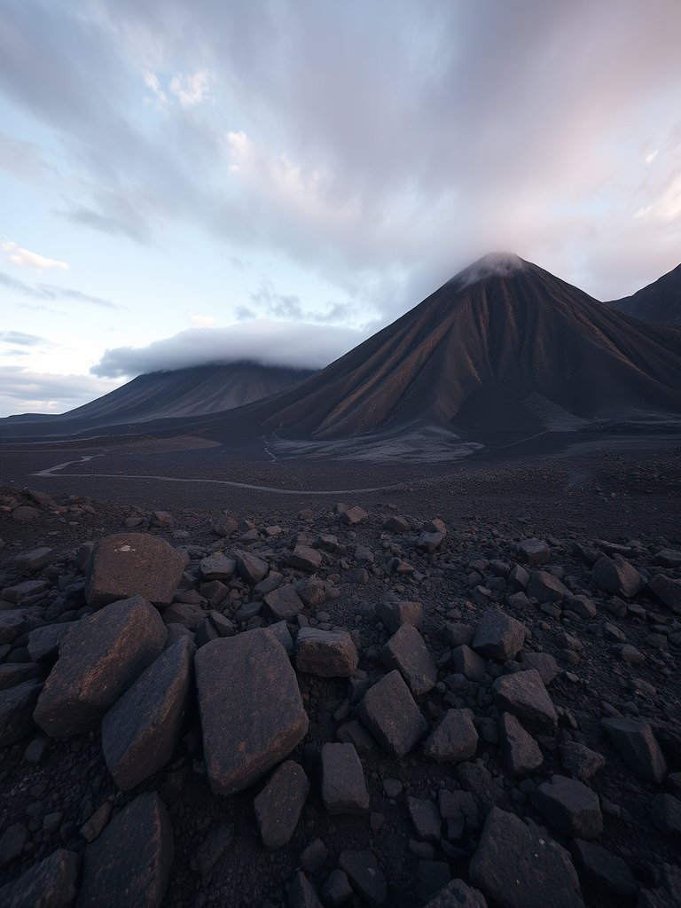 capture a wide-angle view of a volcanic landscape with rocky terrain and a cloudy sky, using a Canon EOS R5, 24mm lens, f/11 aperture, ISO 100, shot in natural light at dawn to enhance colors and details