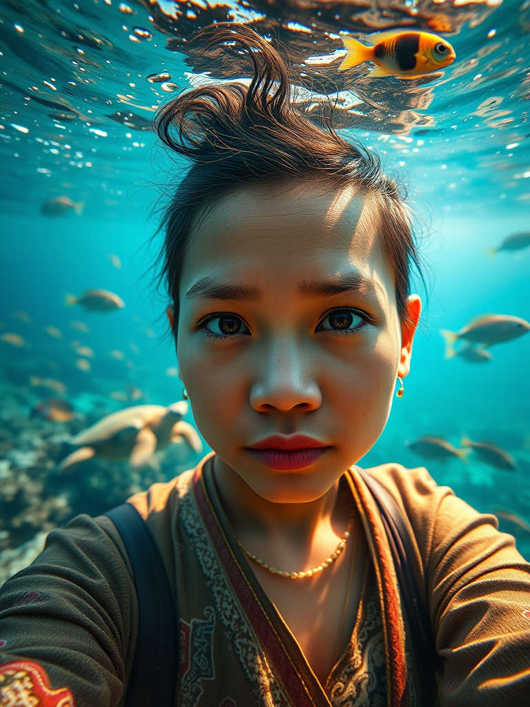 Realistic selfie image of a Burmese, wearing a vintage outfit, detailed dreamy eyes, droopy hooded eyes, staring at the camera, taken underwater at coral reef with a sunbeam filtering through the water, vibrant, summer vacation, natural lighting, turtle and school of tropical fish with vibrant colors, rendered in the style of CryEngine, Pegi Nicol MacLeod, with realistic genre scenes, hauntingly beautiful narratives, ultra-realism, and Thomas Saliot's close-up technique, 8K resolution, crystal clear and sparkling water.