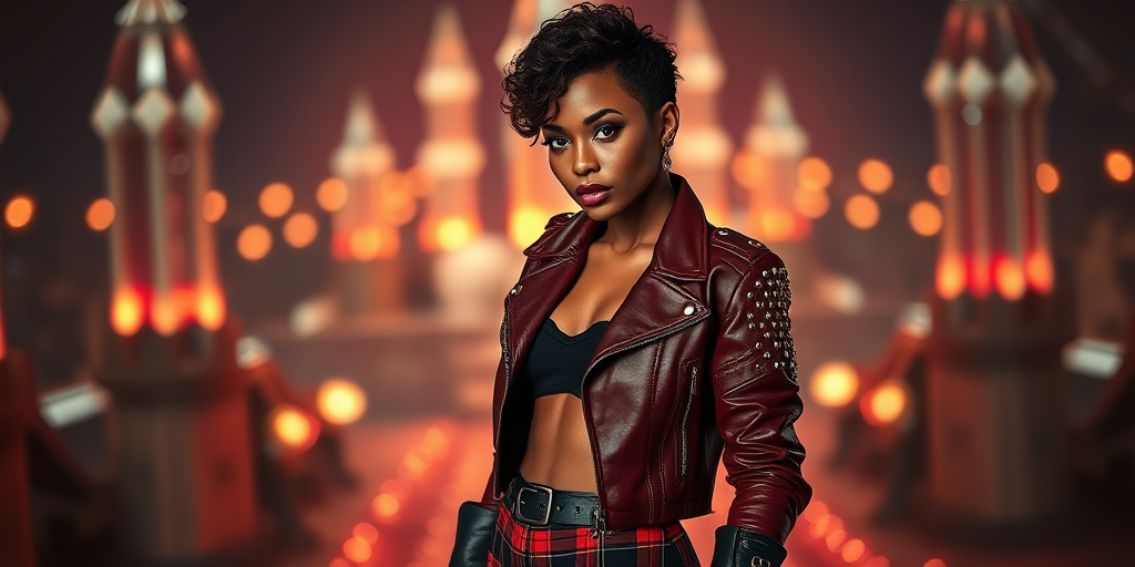 a african woman with sexy pose,Short curly pixie cut,Red,dressed in a studded leather jacket with a plaid mini skirt and knee-high boots,In the Crystal Spire at the Apex of Elemental Convergence,bokeh professional 4k highly detailed,Canon eos 5d mark 4,Ambient lighting,